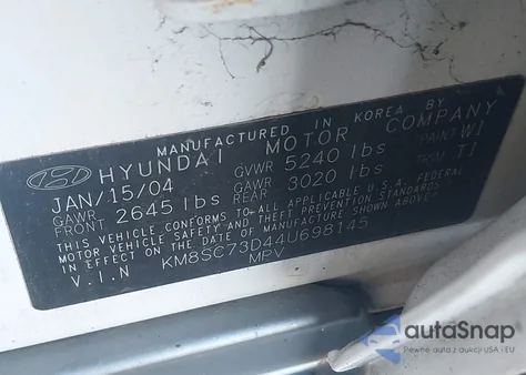 2004 Hyundai Santa Fe Gls из США, поврежденный, VIN KM8SC73D44U698145